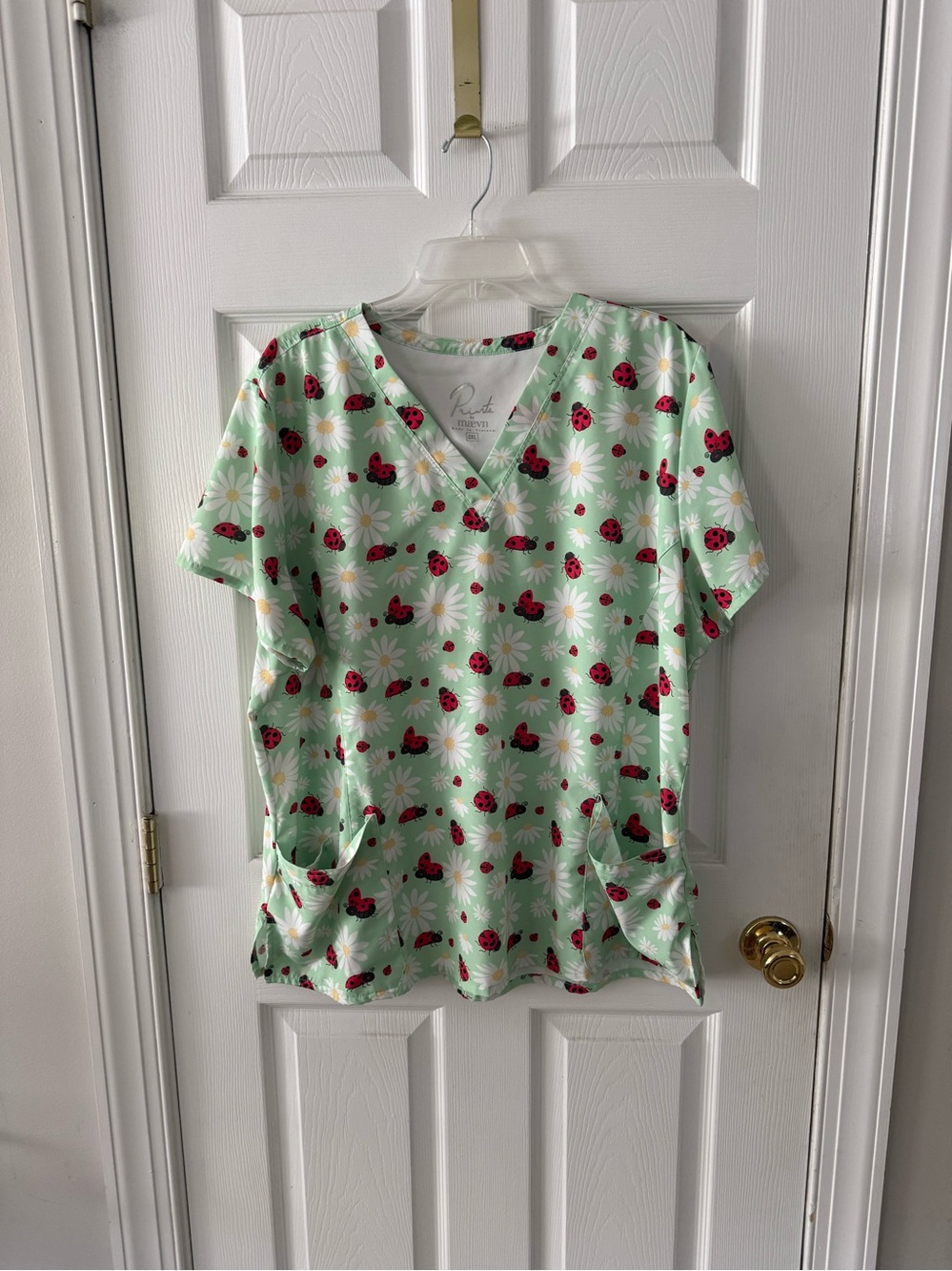 Daisy & Ladybug & Watermelon Print Scrub Top - Mint Green, Pink, white, red